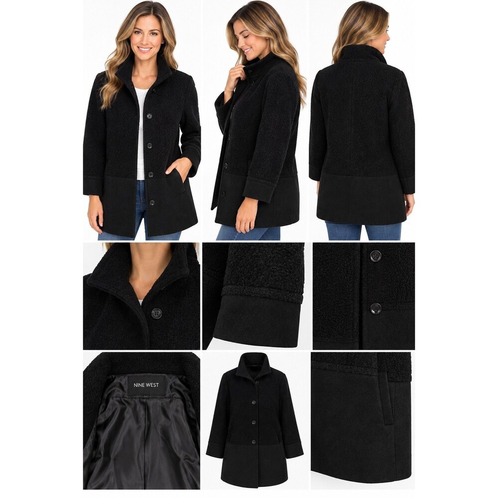 Nine West Women’s XL Black Heavy Dual Texture Button Front Coat Jacket Wool